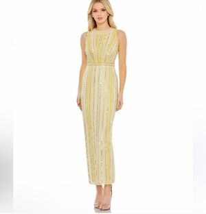 Mac Duggal Cream and Yellow Beaded Column Evening Dress